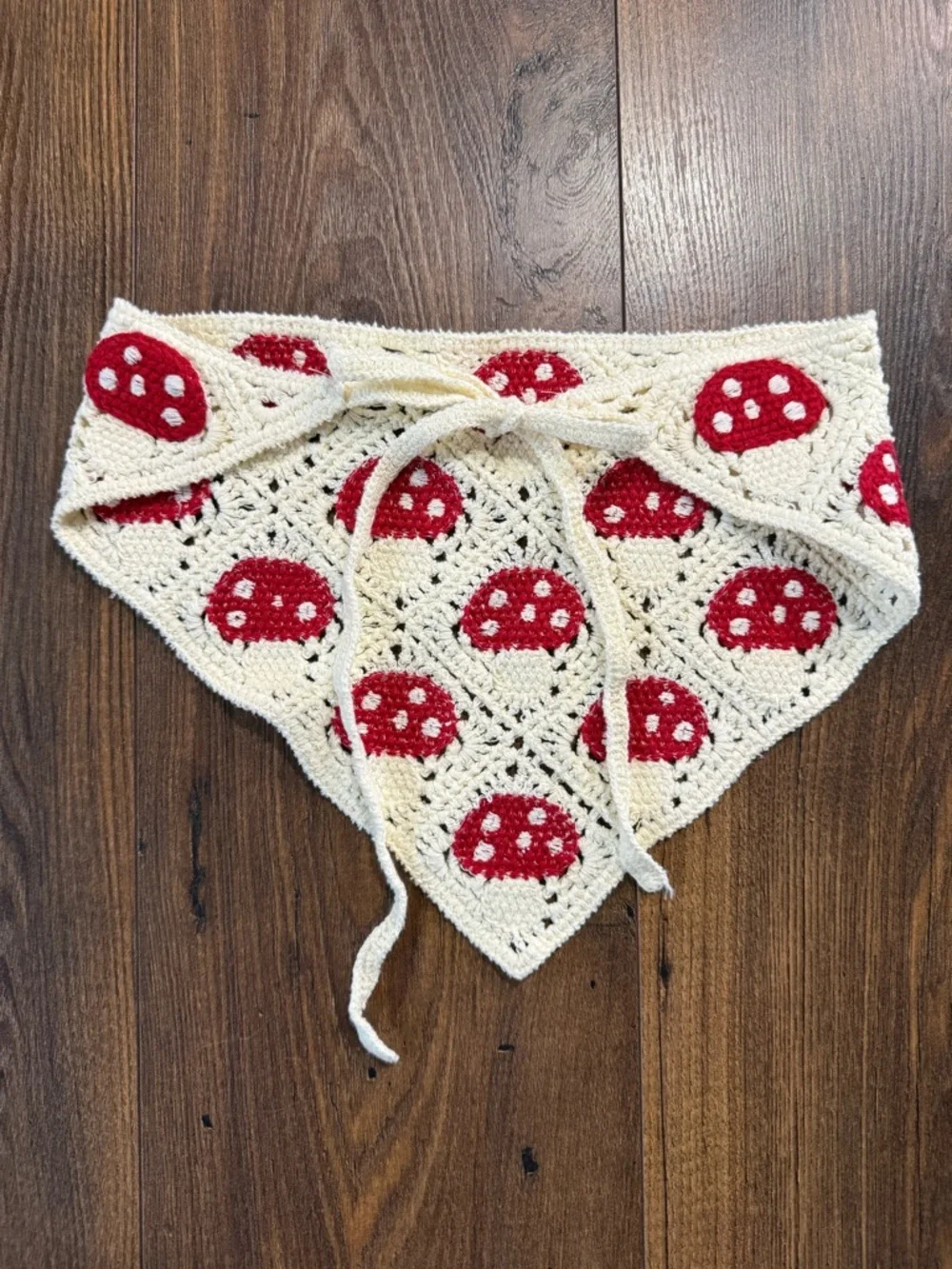 Crocheted Triangle Scarf with Red Mushroom Motif